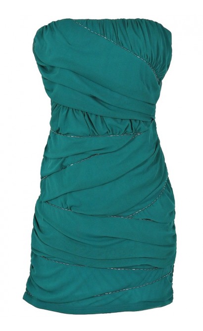 Beaded and Ruched Crisscross Bodycon Dress in Teal